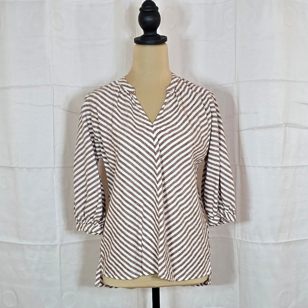 Caslon Women Brown Cream Chevron Striped Linen Blend Tunic Top Xs Cn479494mi